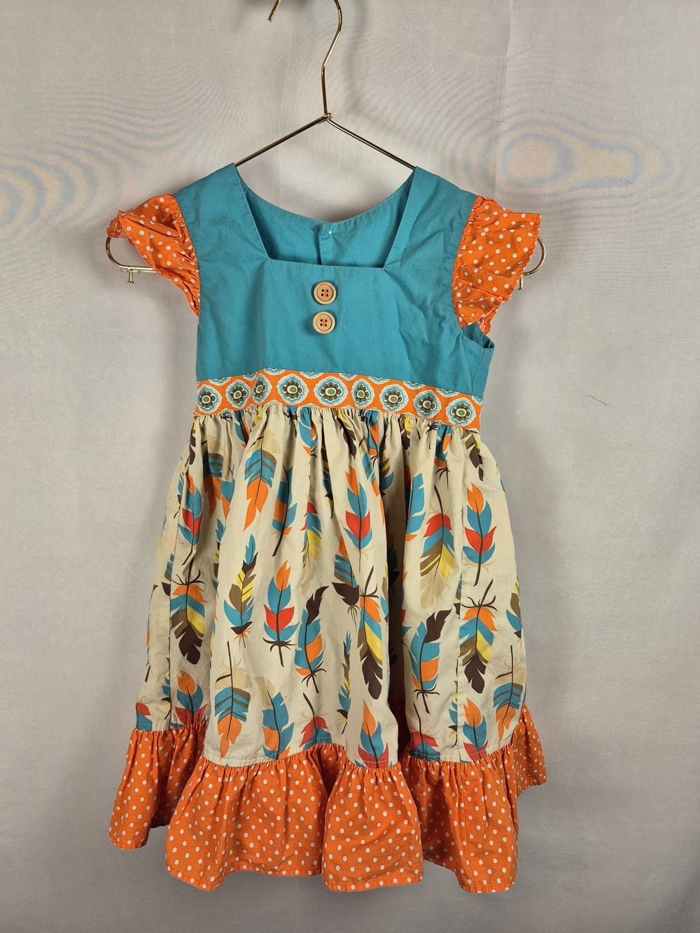 Eleanor Rose Turquoise & Orange Feather-Print Dress 4T